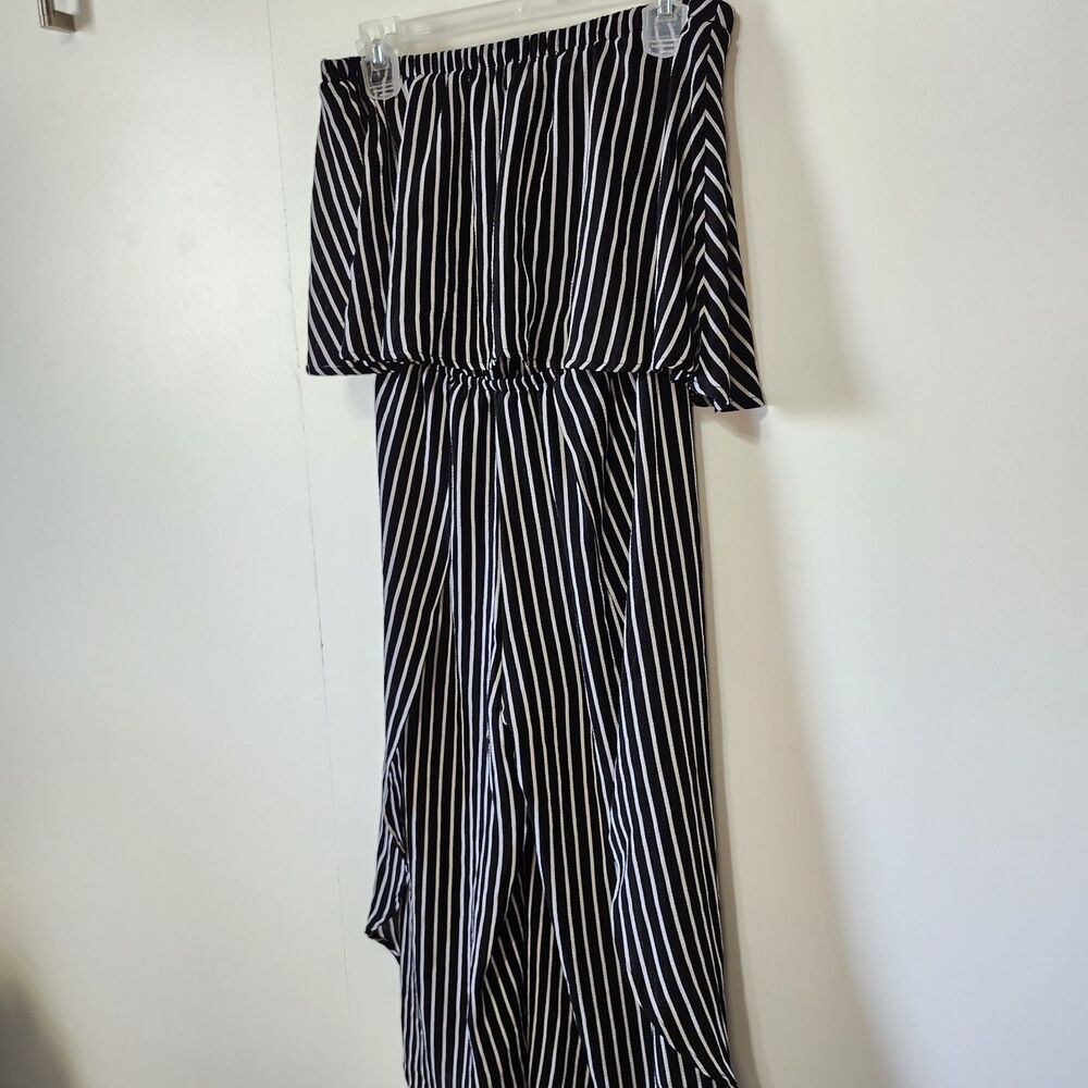 Favlux Black White Stripe Off Shoulder Jumpsuit Small Ruffle TulipHem Sleeveless - Picture 2 of 16